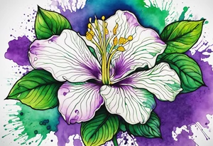 A mystical outline of a rio dipladenia flower and a green/purple watercolor splatter in the background tattoo idea