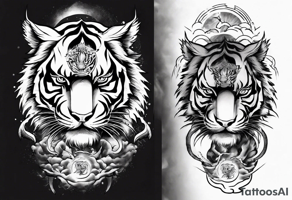 Tiger warrior with lightning and the sun for a forearm sleeve tattoo idea