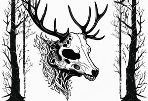 side profile of a DECAYING deer skull JUST BONE lore accurate wendigo surrounded by a flames and trees tattoo idea