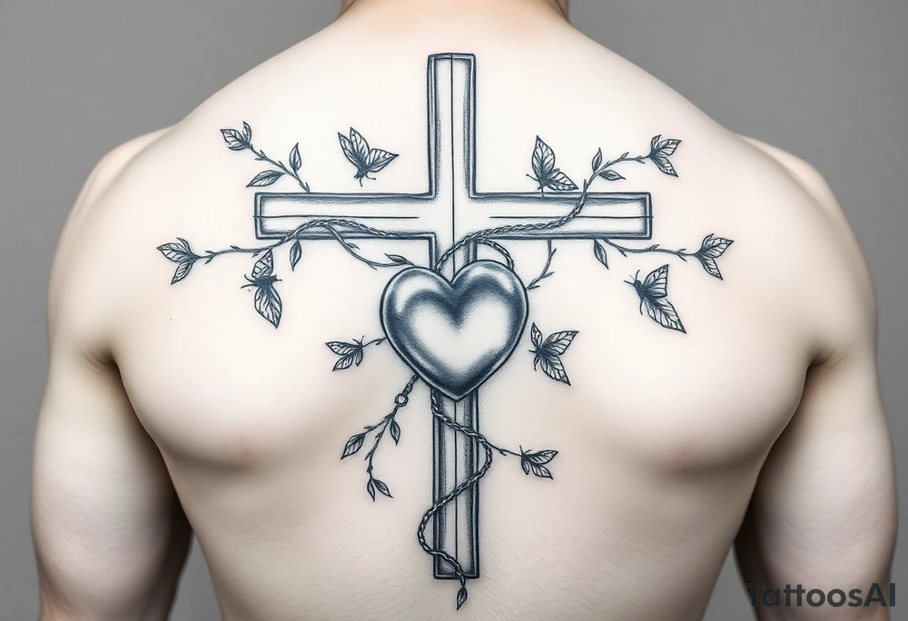 powerful majestic cross on the front of the body center to the chest with vines representing life and a heart within the cross being held like a chain from the cross and other symbols of life like insects and birds butterflies tattoo idea