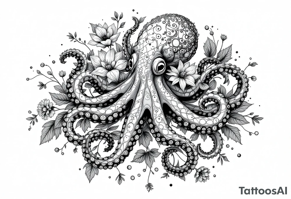 realistic octopus, detailed linework, intricate, black-and-grey shading, surrounded by floral ornaments, intertwining and merging with flowers, thin black swirling lines, semi-transparent brown leaves, dotwork, ornamental flourishes, radiating design, fine-line style, minimalistic, organic flow, feminine, artistic, slightly surreal, seamless composition, marine botanical fusion, lifelike texture, graceful rhythm, smooth shading, soft leaves wrapping, blooming shoulder flower, outward radiating pattern, vine tentacle flow, integrated sea creature, botanical octopus curved body placement, natural organic movement tattoo idea