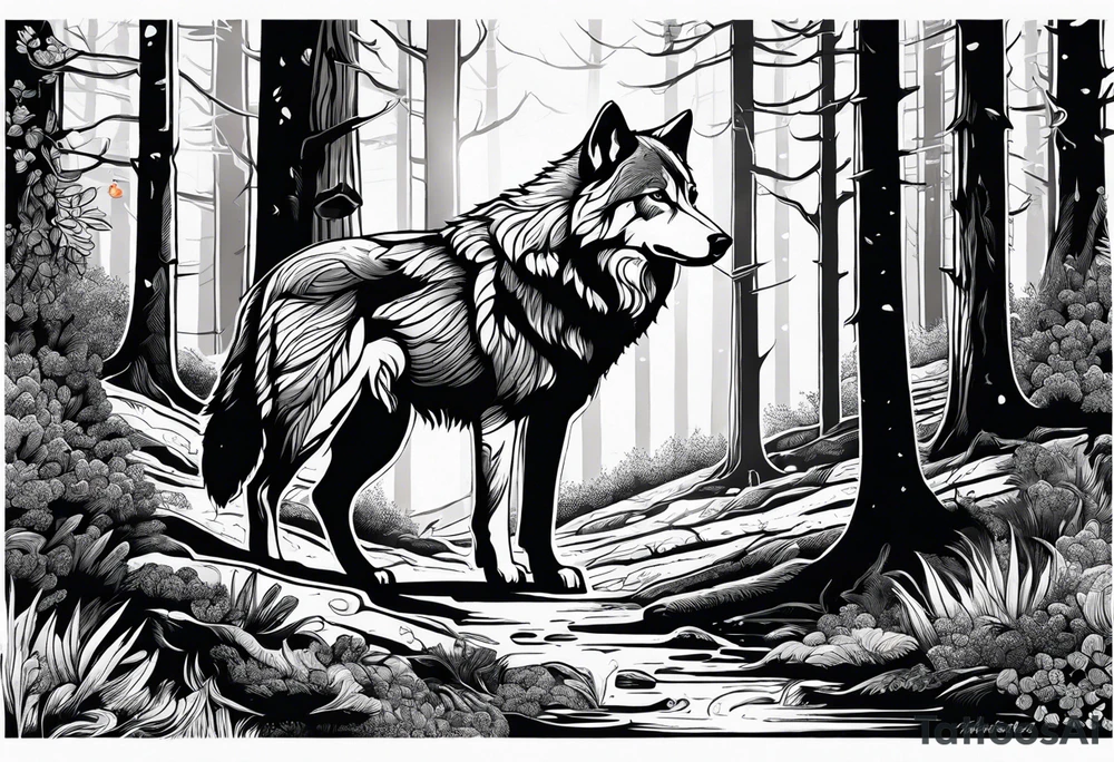Forest with a wolf walking tattoo idea