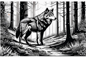 Forest with a wolf walking tattoo idea