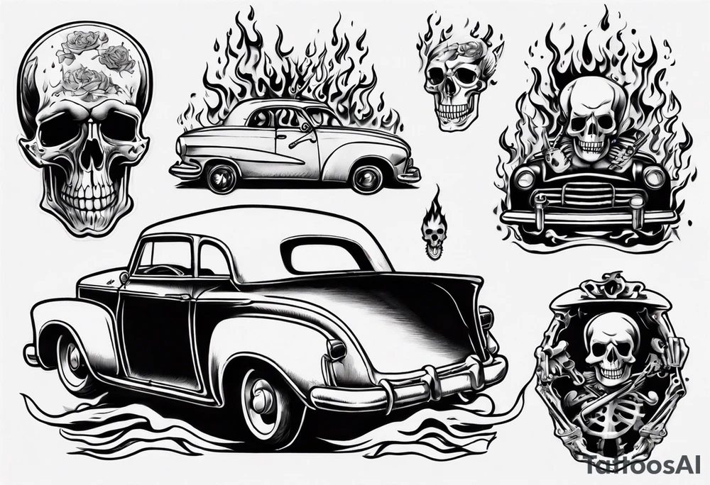 pinup doll driving a old car through flames and skeletons tattoo idea