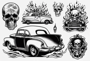 pinup doll driving a old car  through flames and skeletons tattoo idea