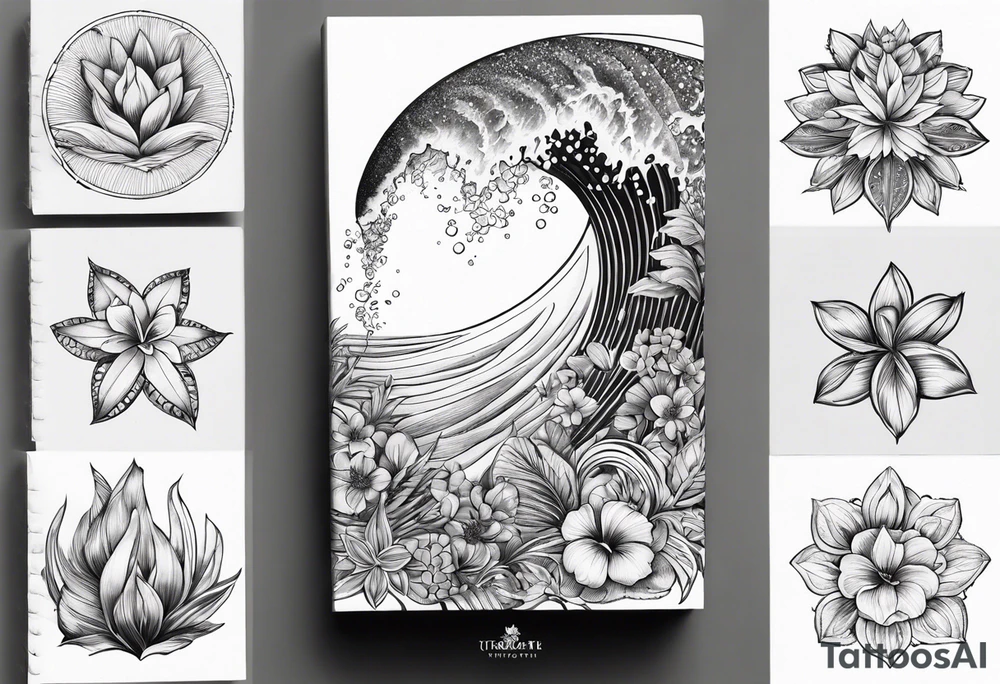 wave,, flower, palm, sea animal tattoo idea