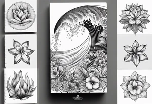 wave,, flower, palm, sea animal tattoo idea