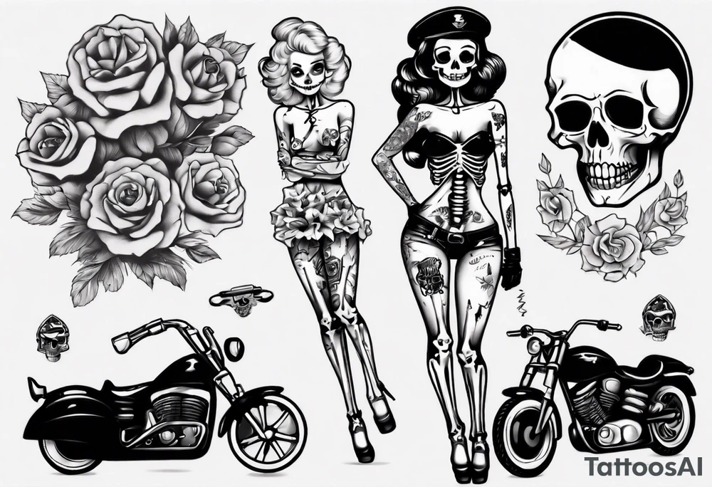 Skeleton pinup doll and motorcycle tattoo idea
