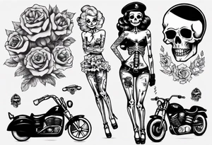 Skeleton pinup doll and motorcycle tattoo idea