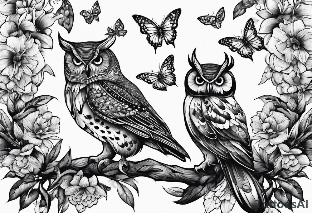 Butterflies, owl, fireflies tattoo idea