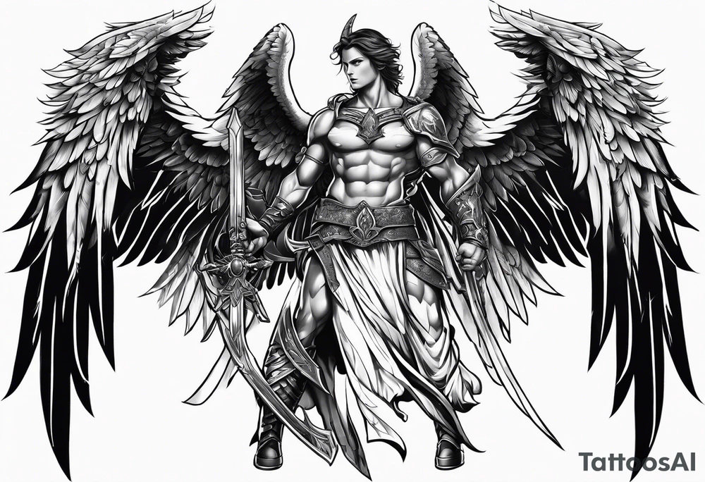 warrior angel in black standing tattoo idea