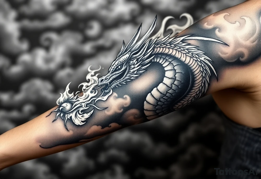 fierce dragon breathing iridescent fire against stormy skies tattoo idea