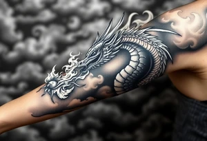 fierce dragon breathing iridescent fire against stormy skies tattoo idea