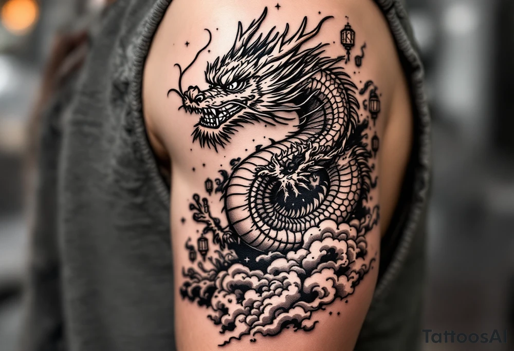 Chinese dragon flying towards the sky surrounded by chinese lanterns tattoo idea