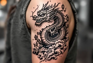 Chinese dragon flying towards the sky surrounded by chinese lanterns tattoo idea