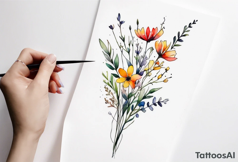 wild flowers long stems bouquet all watercolor tattoo idea