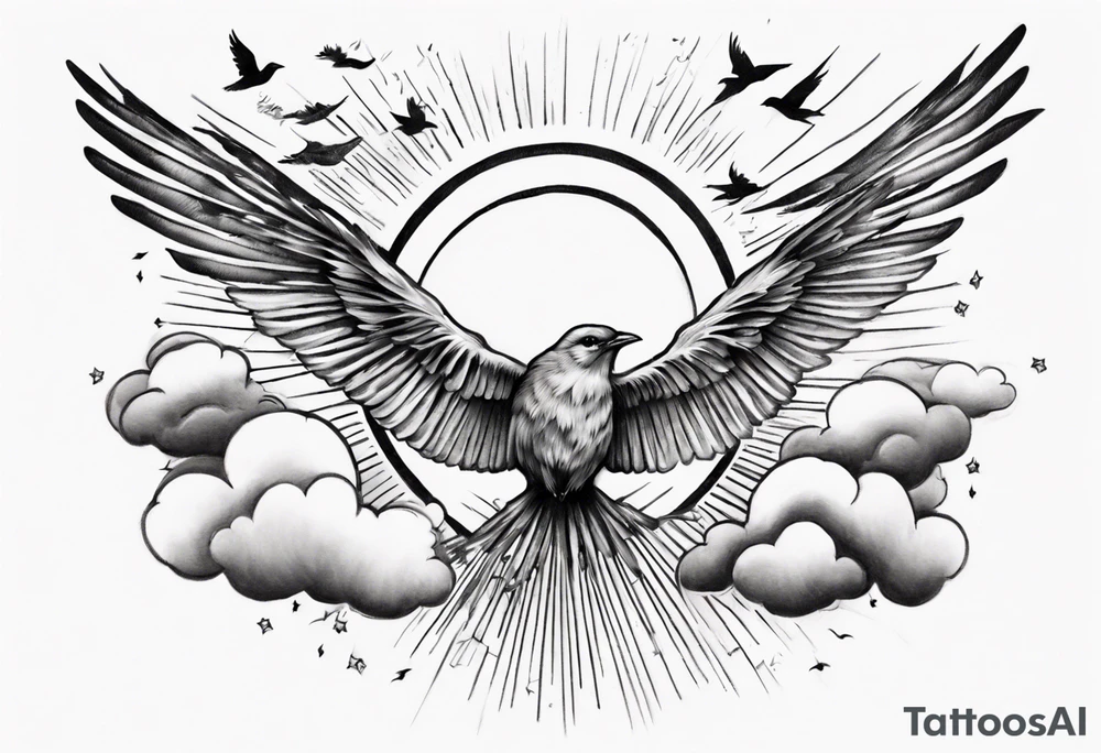 a shoulder tattoo with rays of light, clouds and birds flying free tattoo idea