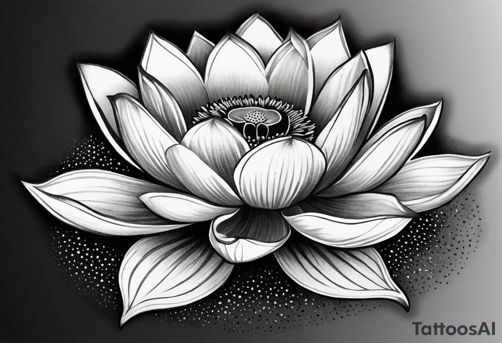 Create a Dotwork tattoo design featuring a lotus flower as the central element. The flower should have detailed, symmetrical petals with soft gradients created using dot shading. Behind the lotus, add a bold, tilted scar running diagonally, with slightly jagged edges and tapering ends. The scar should contrast subtly with the dotwork texture, appearing as a distinct yet integrated element. Use fine dots to create depth and texture while avoiding excessive linework tattoo idea