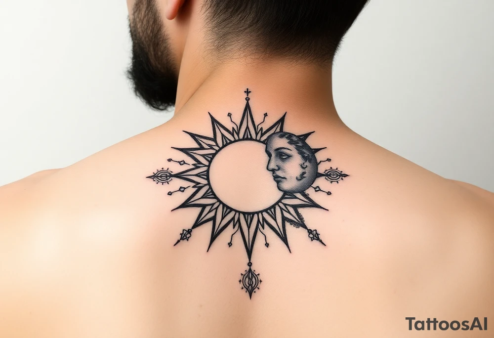 celestial sun and moon embrace with constellation patterns tattoo idea