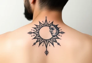 celestial sun and moon embrace with constellation patterns tattoo idea