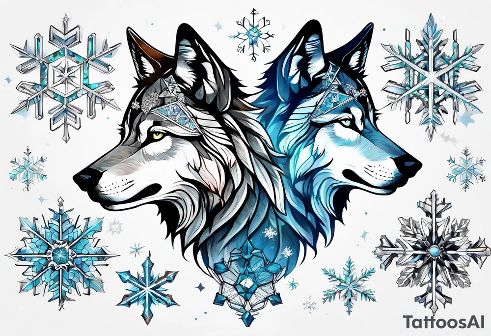 Constellation, two animal wolf, snowflake tattoo idea