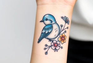 Puffy bluebird surrounded by wild flowers tattoo idea