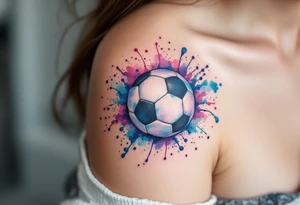A watercolor-style soccer ball exploding with splashes of blue, purple, and pink ink. tattoo idea