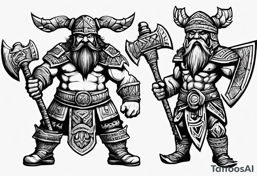 dwarven warrior with a war axe and Aztec warrior fighting against each other tattoo idea