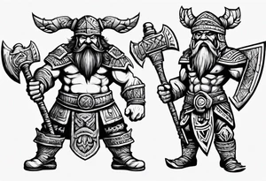 dwarven warrior with a war axe and Aztec warrior fighting against each other tattoo idea