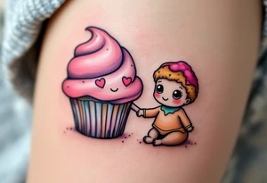 A pink cupcake holding hands with a baby muffin, with heart eyes and big smiles, outlined in black with pastel colors. tattoo idea