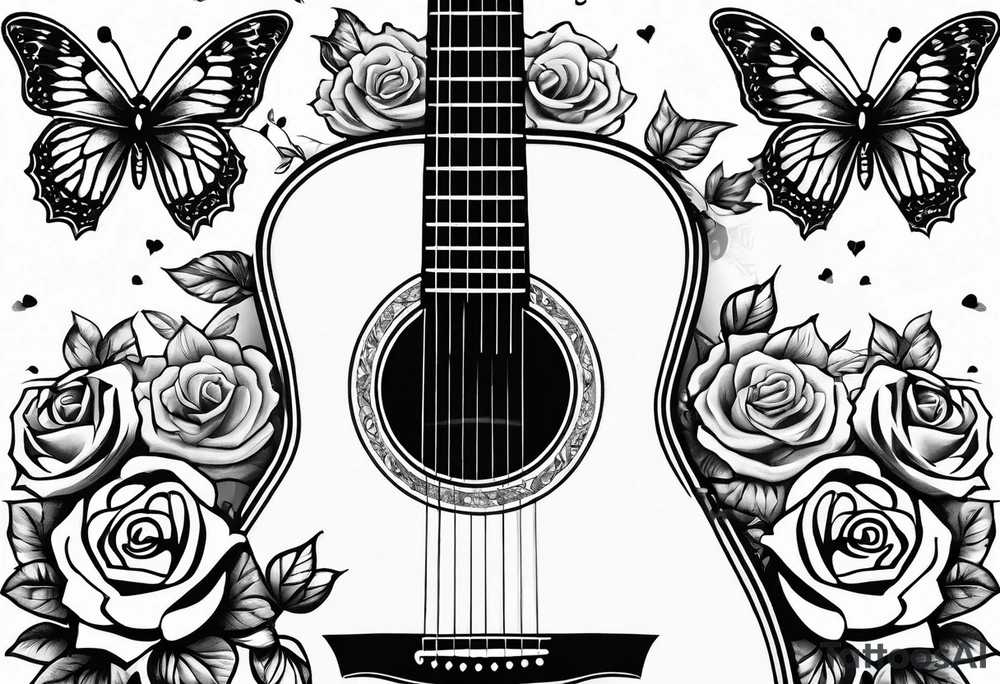 Acoustic guitar with 
roses and butterflies on the right side only tattoo idea