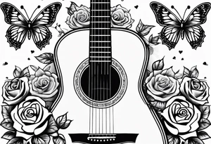 Acoustic guitar with 
roses and butterflies on the right side only tattoo idea