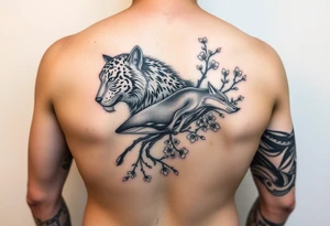this is a full arm sleeve. All black with a wolf, tiger, whale and fox with sakura branches tattoo idea