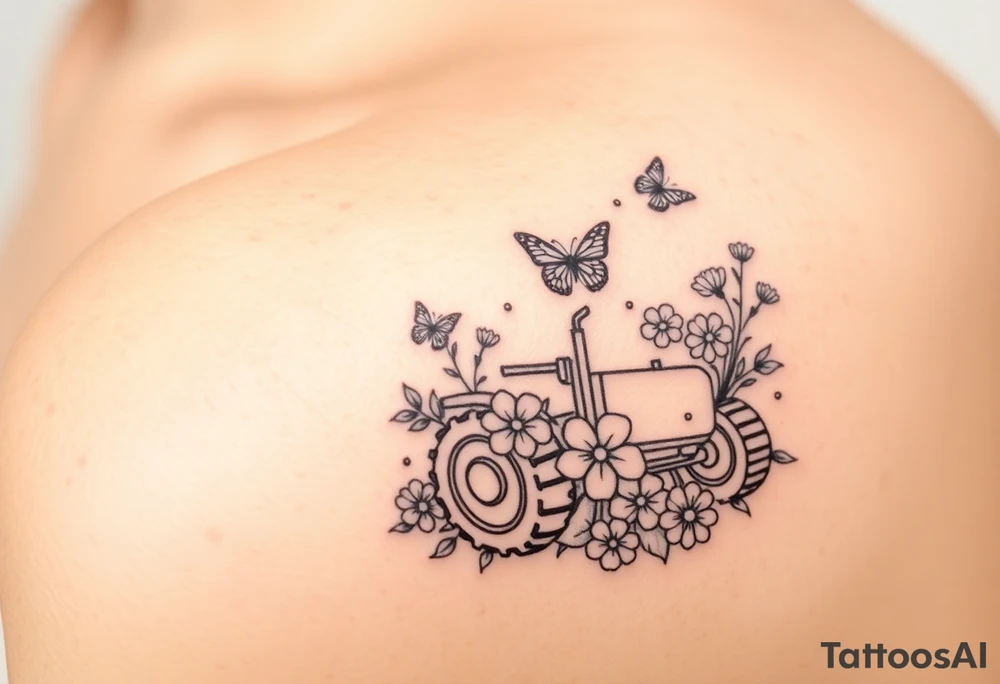 A tractor surrounded by flowers and butterfly that's very delicate and femin6 tattoo idea