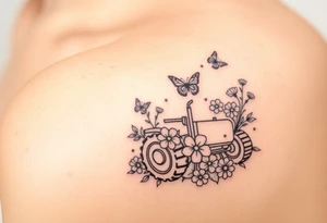 A tractor surrounded by flowers and butterfly that's very delicate and femin6 tattoo idea
