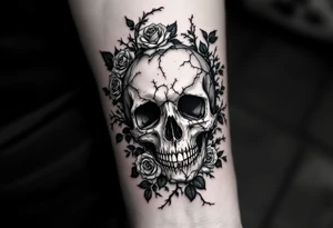 gothic skull intertwined with climbing roses and thorny vines tattoo idea