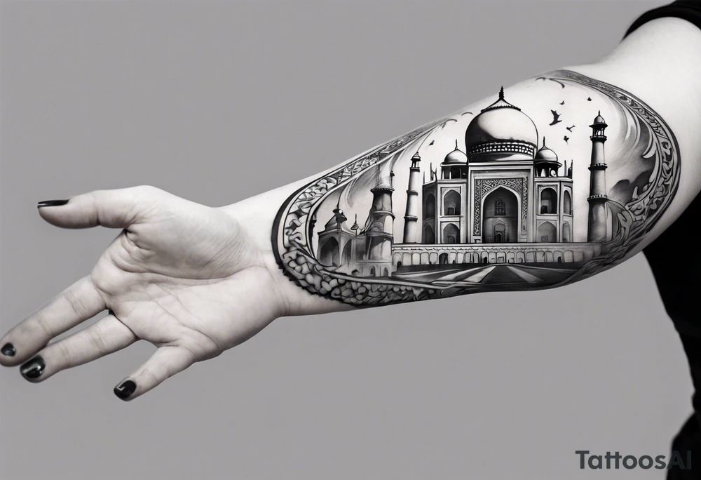 a sleeve tatoo that has petra, and the taj mahal tattoo idea