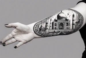 a sleeve tatoo that has petra, and the taj mahal tattoo idea