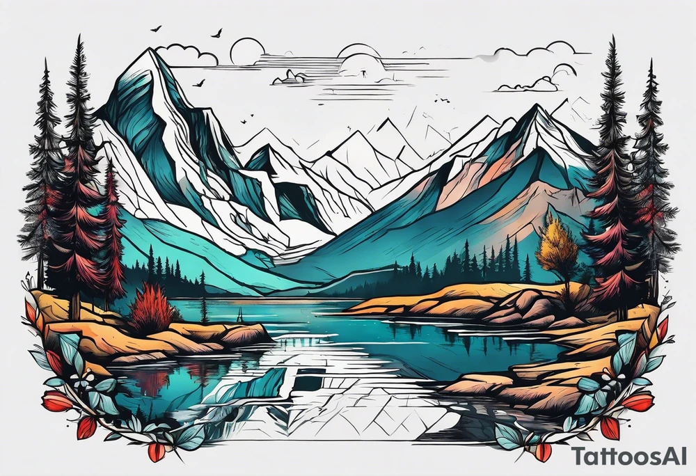Mountains with water and name Caiden and Sawyer tattoo idea