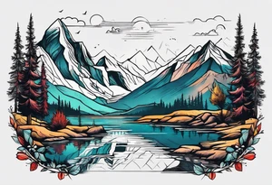 Mountains with water and name Caiden and Sawyer tattoo idea