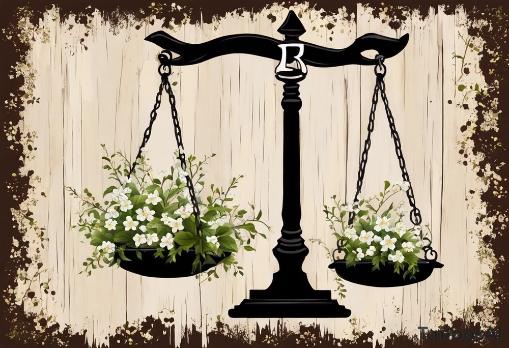 I need you to draw me a old libra scale out of tattered wood. The ends of the cross of wood need to be  broken. I need the bottom to look tattered possible cracks and holes  in wood of scale. Them I need vines with little white flowers here and there wrapped all the way up the scale and I want the two weights of the scale to be wooden as well. They also need to look tattered. The weights need to be fastened on by the vines. I need to make it look like the ends of the vines on both scales is just loosely. I need to incorporate pieces koi fish in beautiful blues greens, and pinks.The fish need to be one on each scale balancing the scale and the tail of the left on, pointing down. the beautiful fish tail fins needs to be covering part of the tattered piece and the fish on the rights tail will be facing unpard with the fin of beauty starting to court the same pic tattoo idea