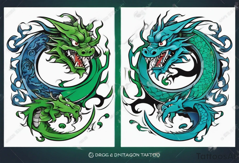 ying yang dragon blue & green tattoo idea