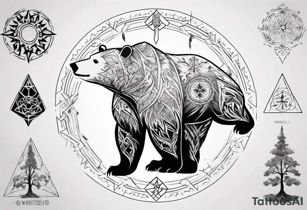 Bear with mandala, White Tree of Gondor, Geometric symbols, Viking cross tattoo idea