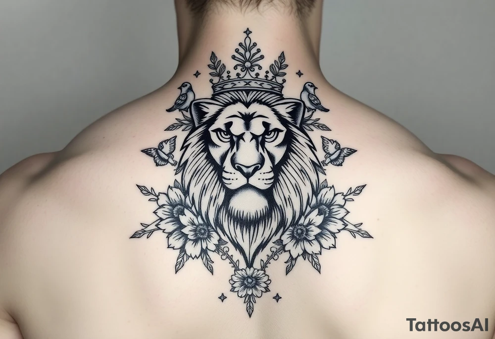 powerful majestic lion with a crown, surrounded by floral ornaments and birds tattoo idea