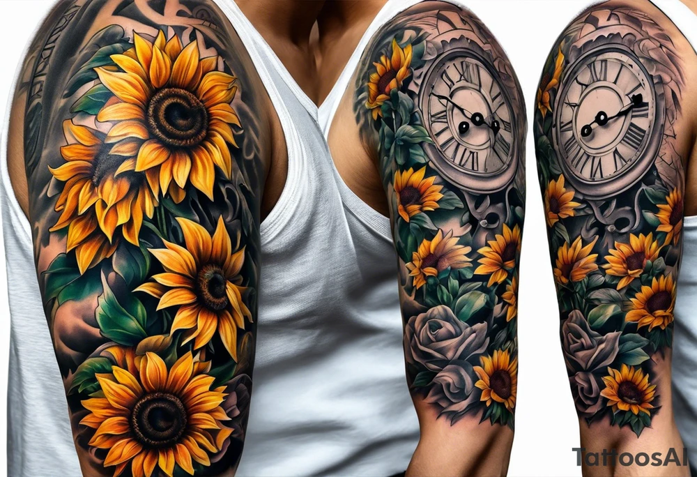 Sleeve with Roman numeral and sunflowers tattoo idea