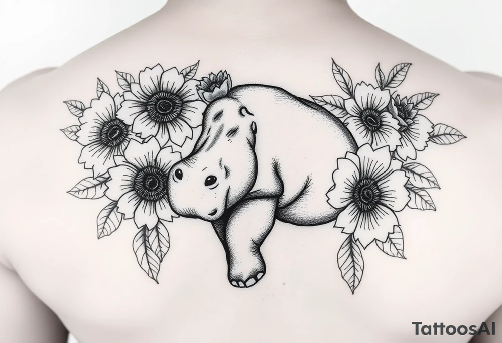 Cute hippo and with sunflowers and carnations realistic and feminine tattoo idea