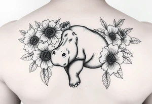 Cute hippo and with sunflowers and carnations realistic and feminine tattoo idea