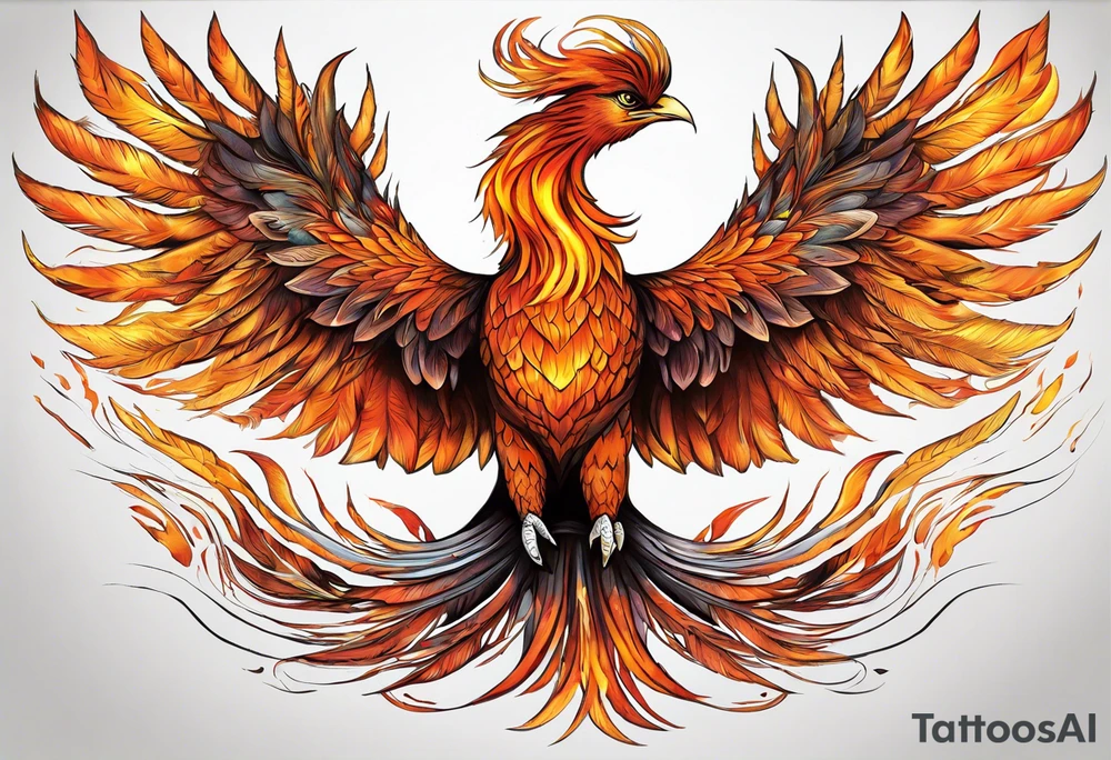 A majestic fire phoenix, rising powerfully with its wings spread wide and feathers flowing, representing rebirth and resilience. The phoenix is detailed with intricate feathers, creating a sense of movement and vitality. The design is bold, with deep shading and texture that adds dimension and intensity to its form. tattoo idea