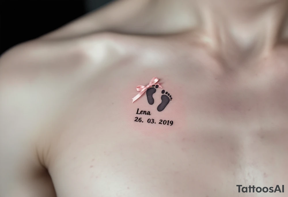 A tiny footprint in soft gray with a pink ribbon tied around it, personalized with a birthdate Lena 26. 03. 2019. tattoo idea