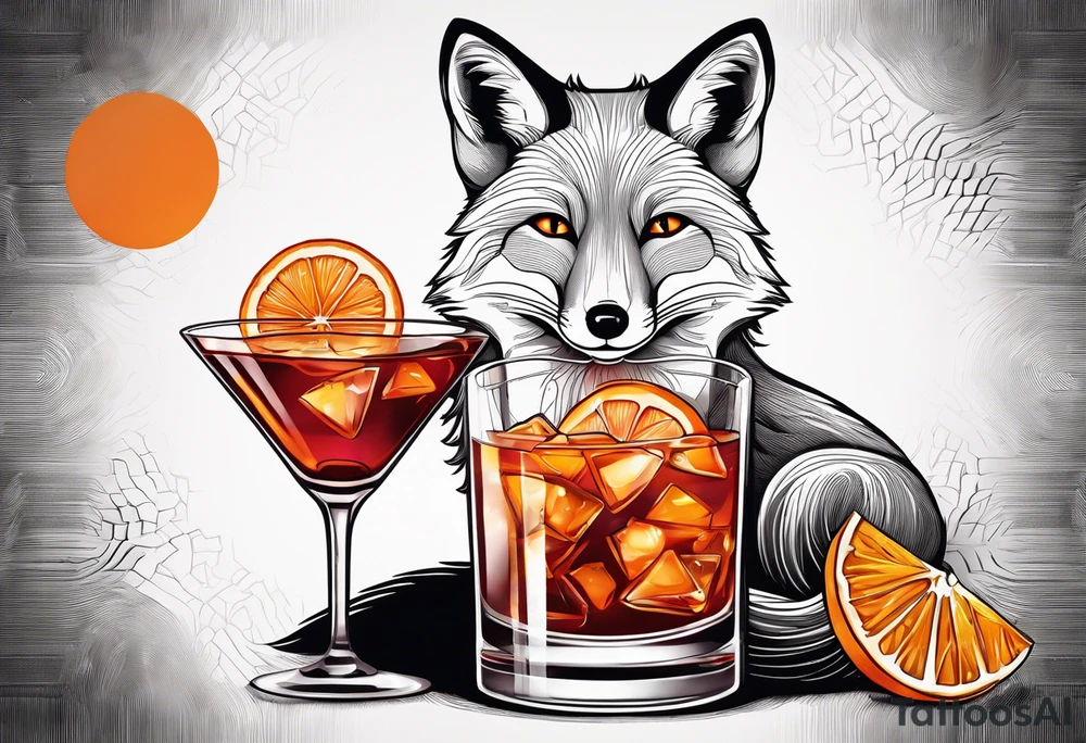 Adult male fox with Negroni in short lowball cocktail glass with ice and orange peel with disco background tattoo idea